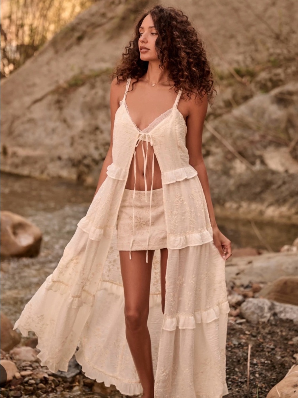 Altar'd State Cream Embroidered Ruffle Slip Dress Kimono - Picture 1 of 6